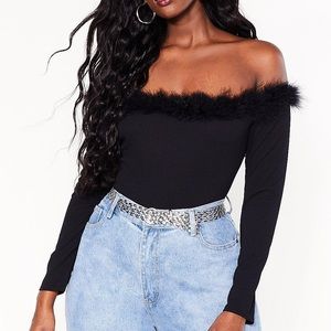 Nasty Gal off shoulder bodysuit with feather trim